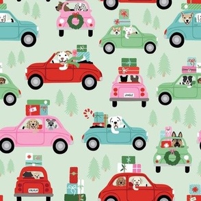 Christmas Dogs in Cars - Mint Green, Medium Scale