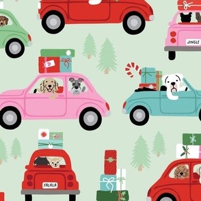 Christmas Dogs in Cars - Mint Green, Large Scale