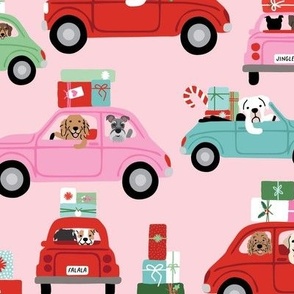 Christmas Dogs in Cars - Pink, Large Scale
