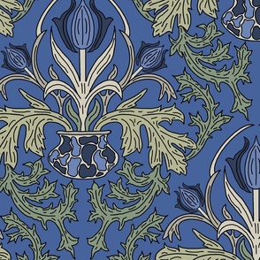 Victorian Damask - Foliage in cache pot blue green 