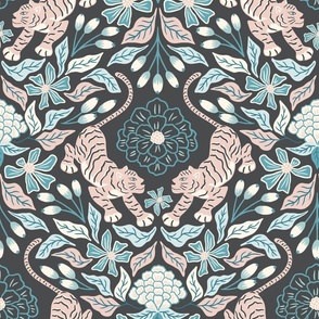 tiger and flowers / teal and pink / large