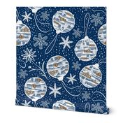 Snowy Christmas Decorations Deep Blue Background