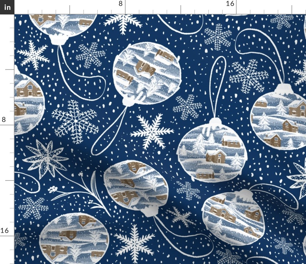 Snowy Christmas Decorations Deep Blue Background