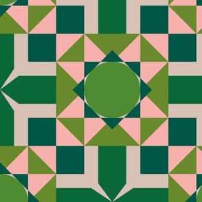 French bathroom tiles cheater quilt (large- green - 5"circle- pattern 3) A tiled geometric patchwork design in various greens and pink. Reminds me of the tiles in a french bathroom I visited.
