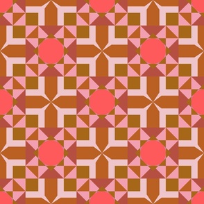 French bathroom tiles cheater quilt (Smaller pink - 2.5"circle- pattern 3) A tiled geometric patchwork design in various pink and browns. Reminds me of the tiles in a french bathroom I visited.