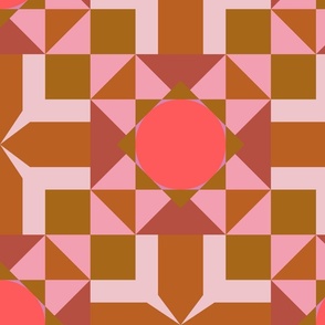 French bathroom tiles cheater quilt (Large pink - 5" circle- pattern 3) A tiled geometric patchwork design in various pink and browns. Reminds me of the tiles in a french bathroom I visited.