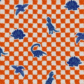 Blue Embroidery Stitches Dinosaurs on Orange Check