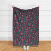 Tossed Dark Floral with Butterflies, Roses, Carnations, Pansies and Raspberry Flowers, Green Background, Large Scale
