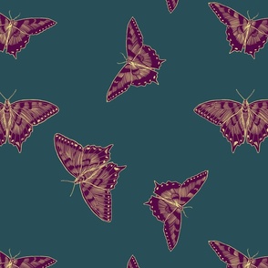 Purple and Yellow Butterflies, Green Background, Large Scale