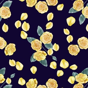 Yellow Roses and Petals Small Scale Navy Blue Background
