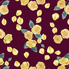Yellow Roses and Petals Small Scale Burgundy Background