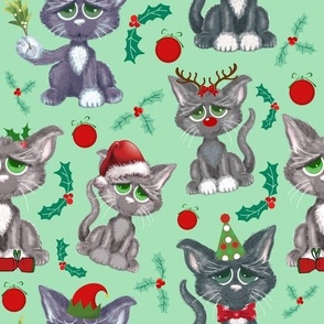 Christmas Grey Cats In Red and Green Against A Green Background