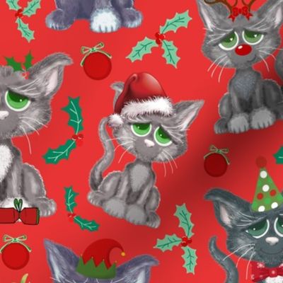 Christmas Grey Cats In Red and Green Against A Red Background