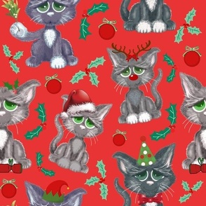 Christmas Grey Cats In Red and Green Against A Red Background