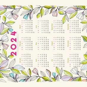 Delicate Watercolor Botanical Line Art Calendar 2024