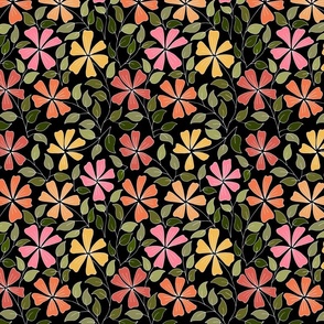 Hand drawn colourful flowers and leaves - black background