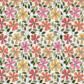 Hand drawn colourful flowers and leaves - white background