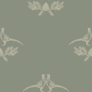 Pheasants with Fir Cones Beige Muted Green