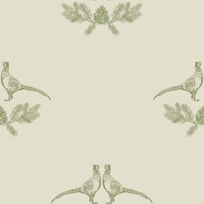 Pheasants with Fir Cones Green Beige