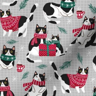 tuxedo cat Christmas cats fabric gray WB23 medium scale