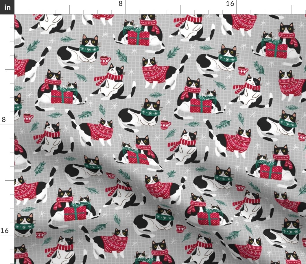 tuxedo cat Christmas cats fabric gray WB23 medium scale