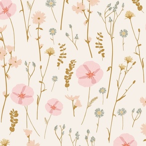 Vintage wildflowers floral and dried weeds in pink, blue, brown and blush on cream - EXTRA LARGE SCALE