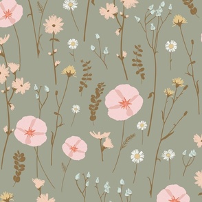 Vintage wildflowers floral and dried weeds in pink, blue, brown and blush on green - EXTRA LARGE SCALE
