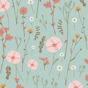 Vintage wildflowers floral and dried weeds in pink, yellow, brown and blush on blue - EXTRA LARGE SCALE