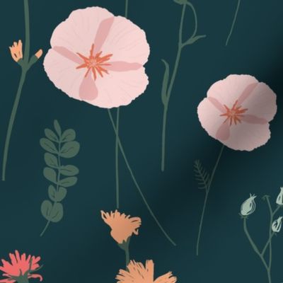 Vintage wildflowers floral and dried weeds in pink, blue, green and tangerine on dark navy - EXTRA LARGE SCALE