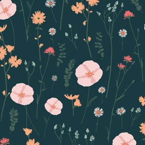 Vintage wildflowers floral and dried weeds in pink, blue, green and tangerine on dark navy - EXTRA LARGE SCALE