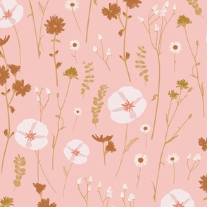 Vintage wildflowers floral and dried weeds in blush, pale pink, brown and chartreuse on pink - EXTRA LARGE SCALE