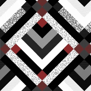 Patchwork Pattern / Cheater Quilt with black, grey, white and red  - large scale