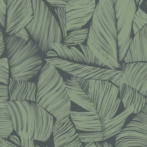 Dark Green Sketched Leaves On Gray Large Scale Wallpaper