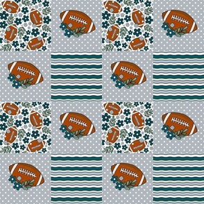 Bigger Patchwork 6" Squares Team Spirit Footballs Flowers and Stripes in Philadelphia Eagles Midnight Green Black Silver for Cheater Quilt or Blanket