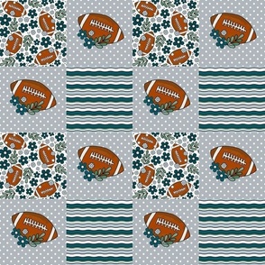 Smaller Patchwork 3" Squares Team Spirit Footballs Flowers and Stripes in Philadelphia Eagles Midnight Green Black Silver for Cheater Quilt or Blanket