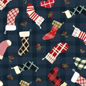 Christmas Day - Stockings over gingham blue L