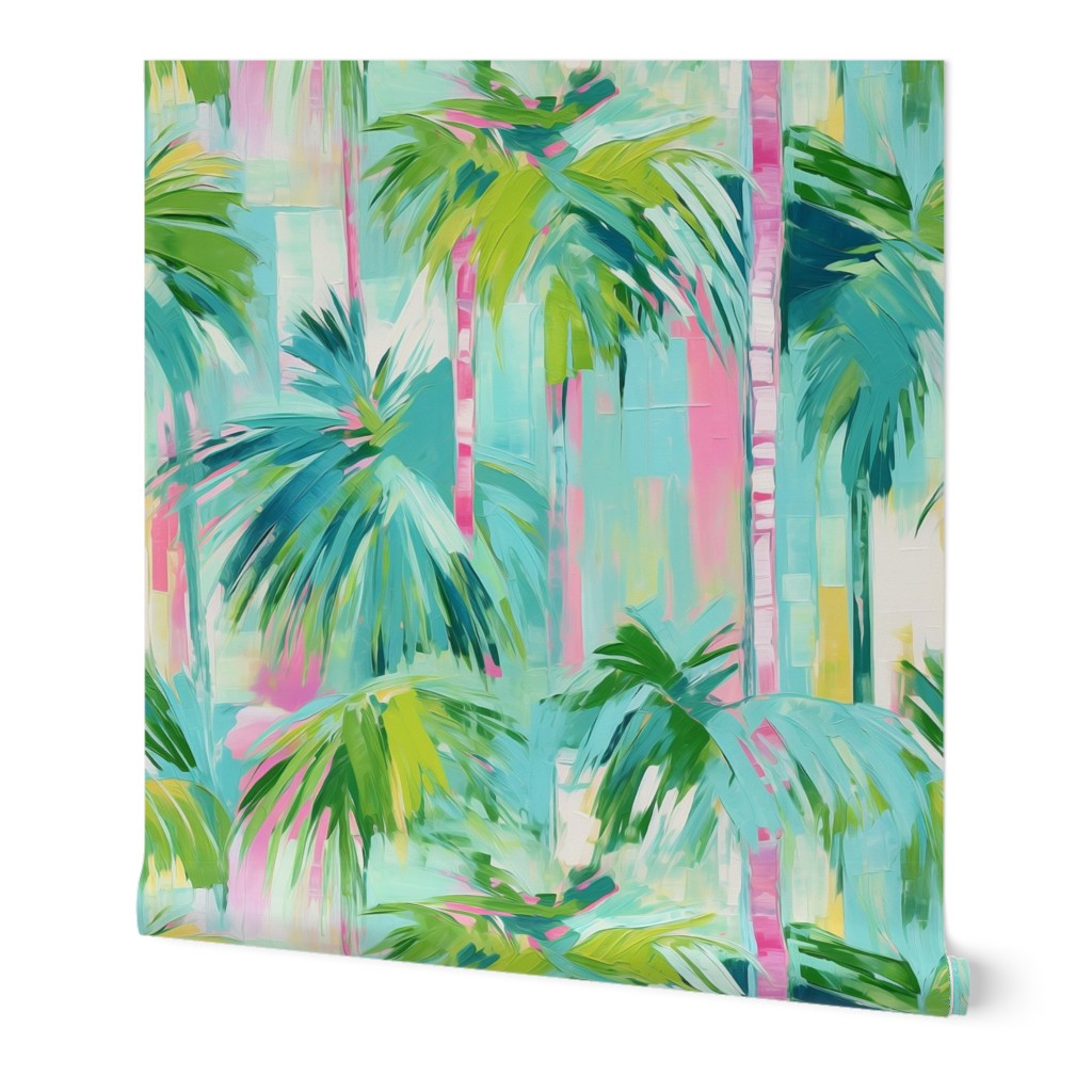 Island House Tropical Abstract Palm Trees Oil Painting Pattern - Beach House Pink Greens and Aquas