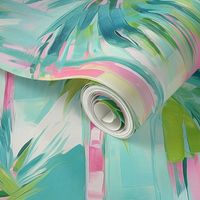 Island House Tropical Abstract Palm Trees Oil Painting Pattern - Beach House Pink Greens and Aquas