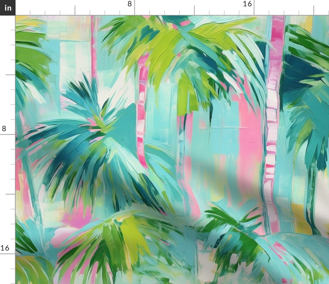 Island House Tropical Abstract Palm Trees Oil Painting Pattern - Beach House Pink Greens and Aquas