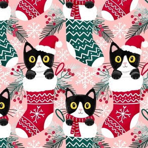 tuxedo cat Christmas cats Christmas stocking fabric blush WB23 large scale