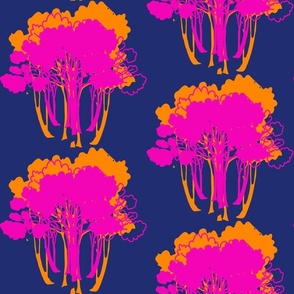 Big City Park Trees Retro Modern Hot Pink And Dark Orange On Navy Blue Silhouette Shadow Cottagecore Boho Mid-Century 60’s 70’s Repeat Nature Quad Mini Pattern