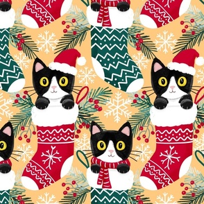 tuxedo cat Christmas cats Christmas stocking fabric golden yellow WB23 large scale
