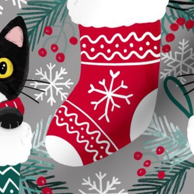 tuxedo cat Christmas cats Christmas stocking fabricgray WB23 large scale