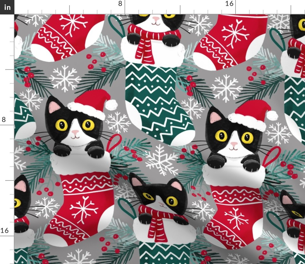 tuxedo cat Christmas cats Christmas stocking fabricgray WB23 large scale