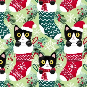 tuxedo cat Christmas cats Christmas stocking fabric light green WB23 large scale