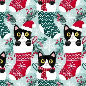 tuxedo cat Christmas cats Christmas stocking fabric turquoise WB23 large scale