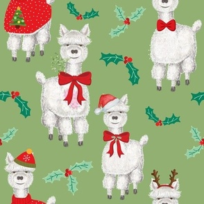 Cute Alpaca & Holly Christmas Red & Green On Green