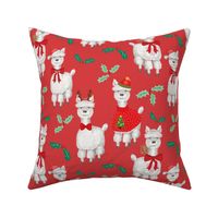 Cute Alpaca & Holly Christmas Red & Green On Red