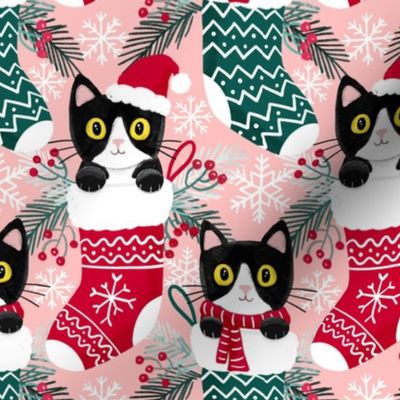 tuxedo cat Christmas cats Christmas stocking fabric blush WB23 medium scale