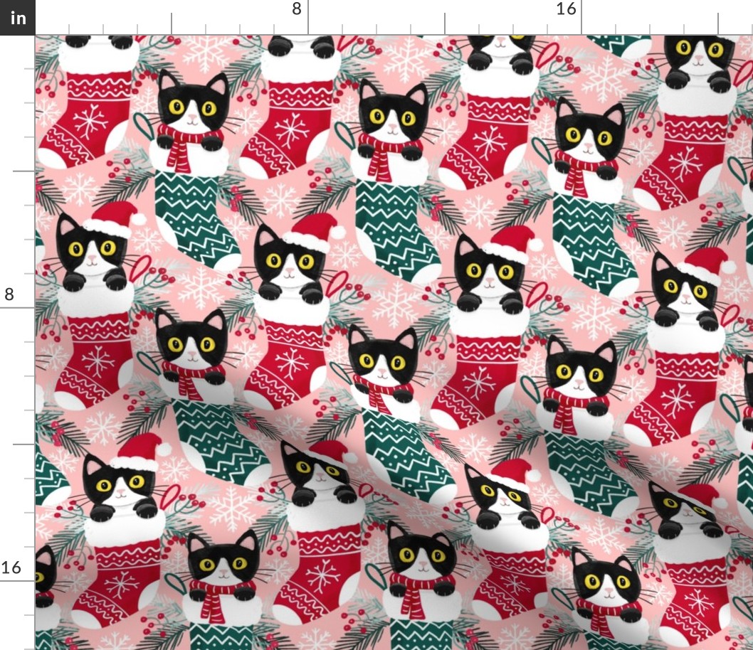 tuxedo cat Christmas cats Christmas stocking fabric blush WB23 medium scale
